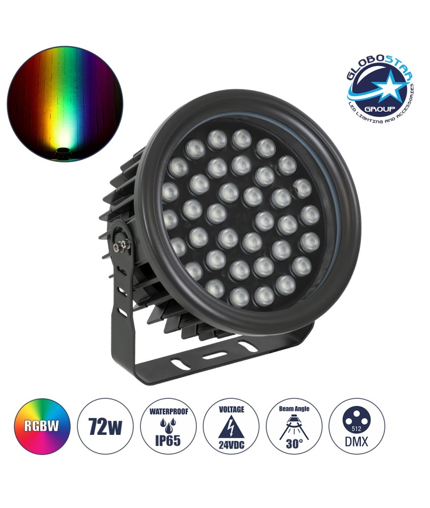 GLOBOSTAR® FLOODNEVA 90400 Προβολέας Σποτ Wall Washer LED 72W 6120lm 30° DC 24V Αδιάβροχο IP65 Πολύχρωμο RGBW Dimmable DMX512 - Bridgelux SMD Chip - Μαύρο - Μ24.5 x Π24.5 x Υ14.7cm - 3 Χρόνια Εγγύηση